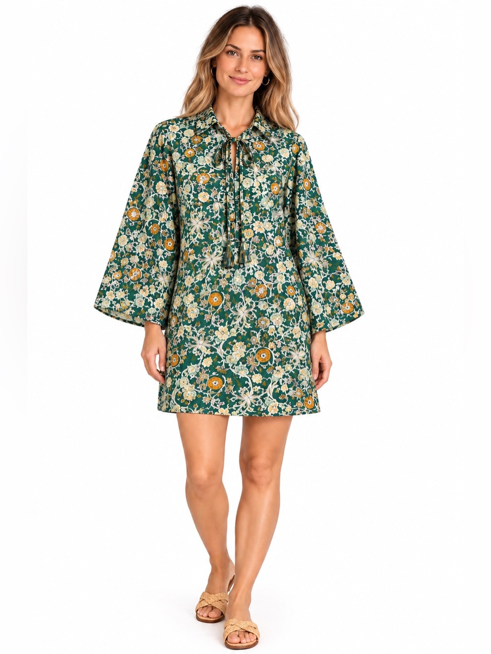 Hyacinth House Floral Mini Dress Green Gold Botanical Tie Neck Cottagecore | M